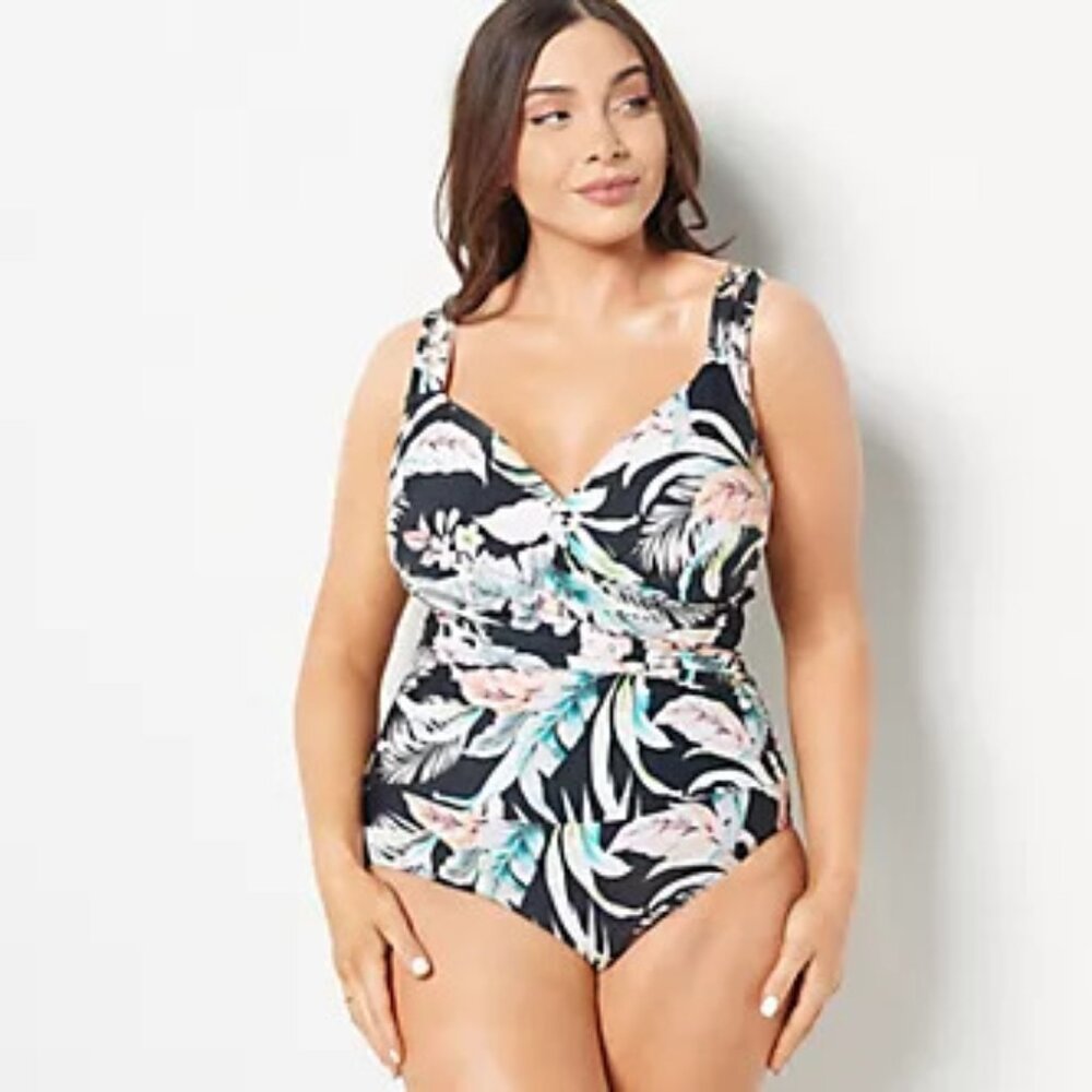 JANTZEN Magic Surplice Black Cabana One-Piece Swimsuit 16 Like New Tropical Leaf